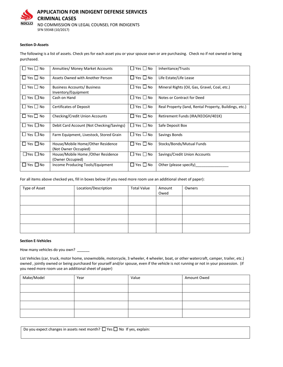 Form SFN59348 Application for Indigent Defense Services Criminal Cases - North Dakota, Page 3