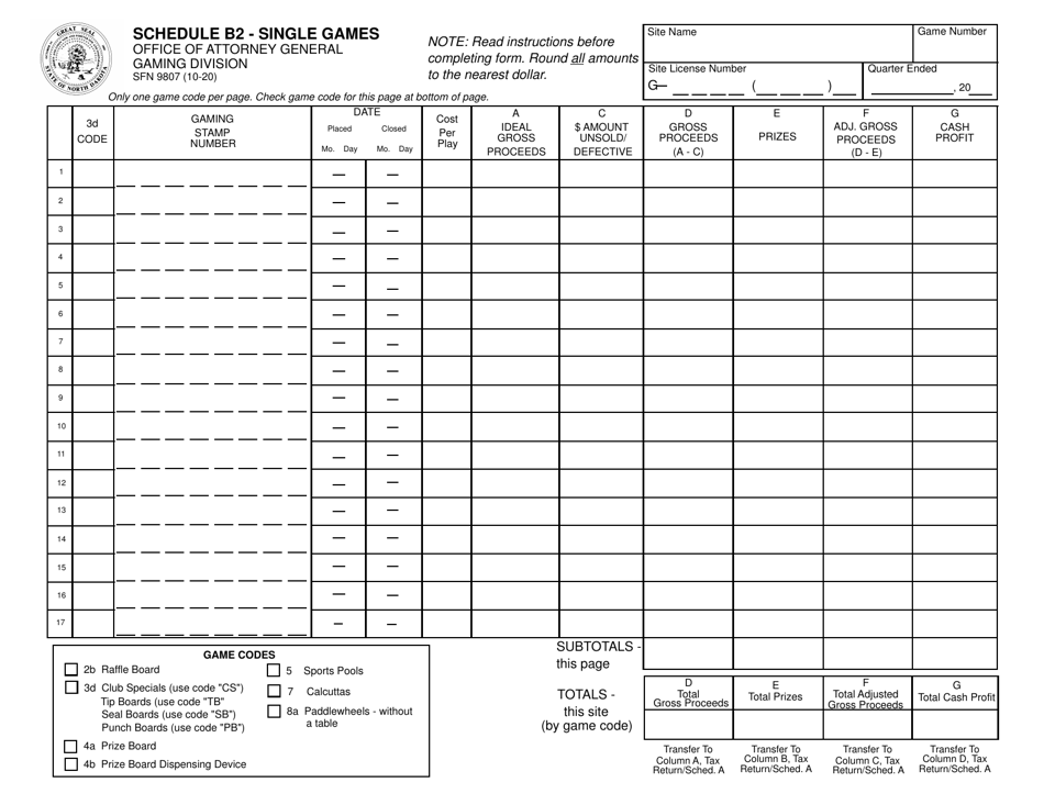 Form SFN9807 Schedule B2 Single Games - North Dakota, Page 1
