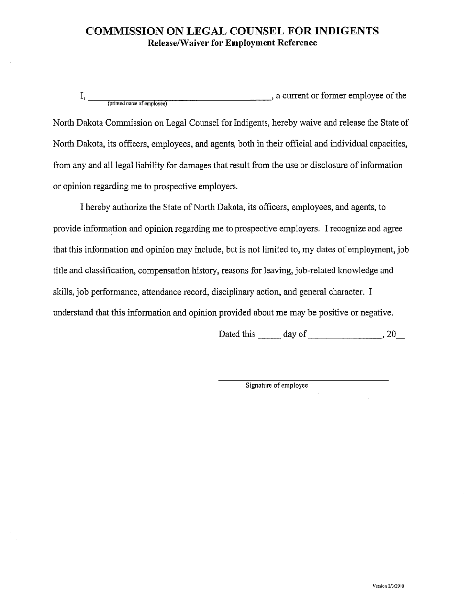 Release / Waiver for Employment Reference - North Dakota, Page 1