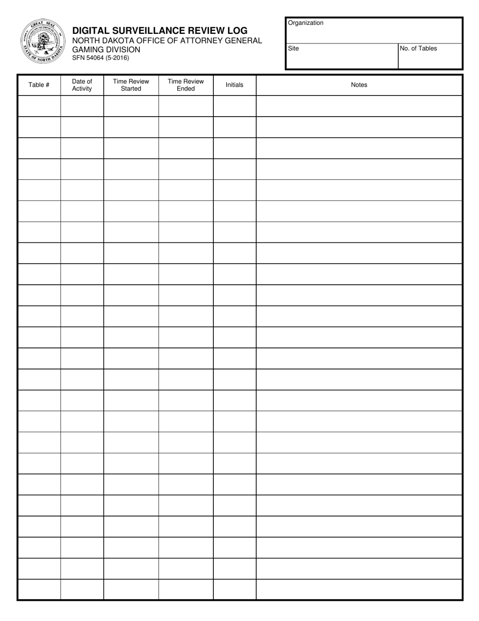 Form SFN54064 Digital Surveillance Review Log - North Dakota, Page 1