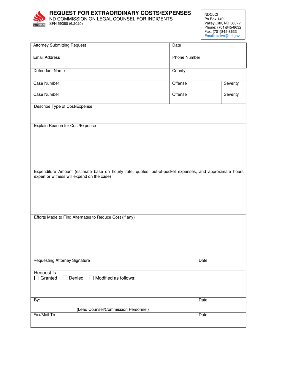 Form SFN59360 Request for Extraordinary Costs / Expenses - North Dakota, Page 1