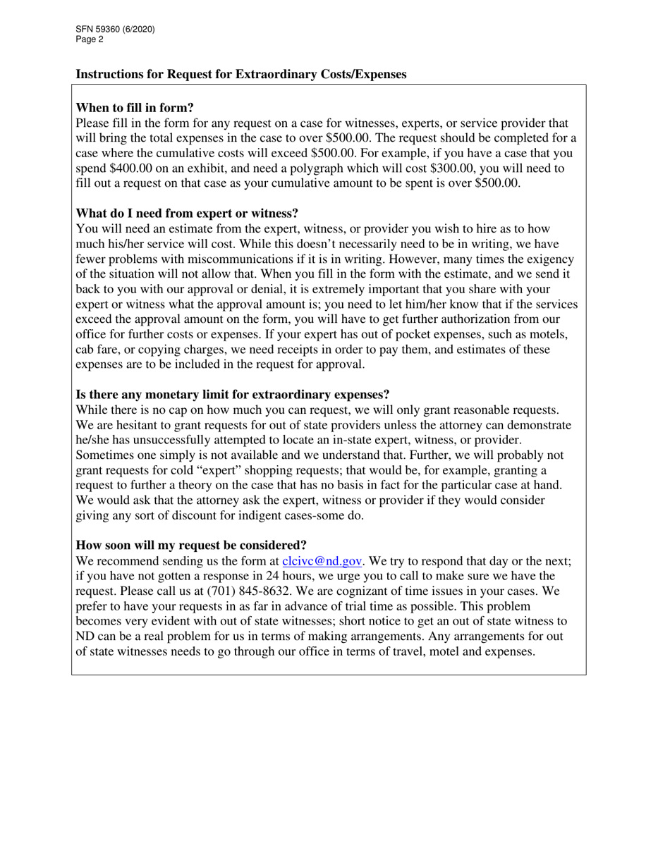Form SFN59360 Request for Extraordinary Costs / Expenses - North Dakota, Page 2