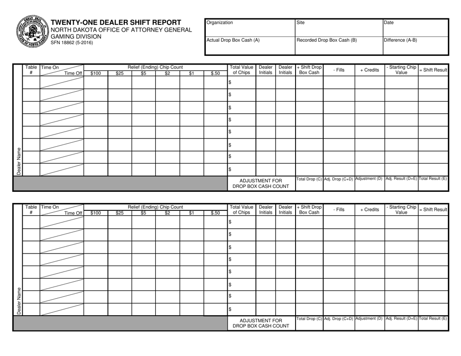 Form SFN18862 Twenty-One Dealer Shift Report - North Dakota, Page 1