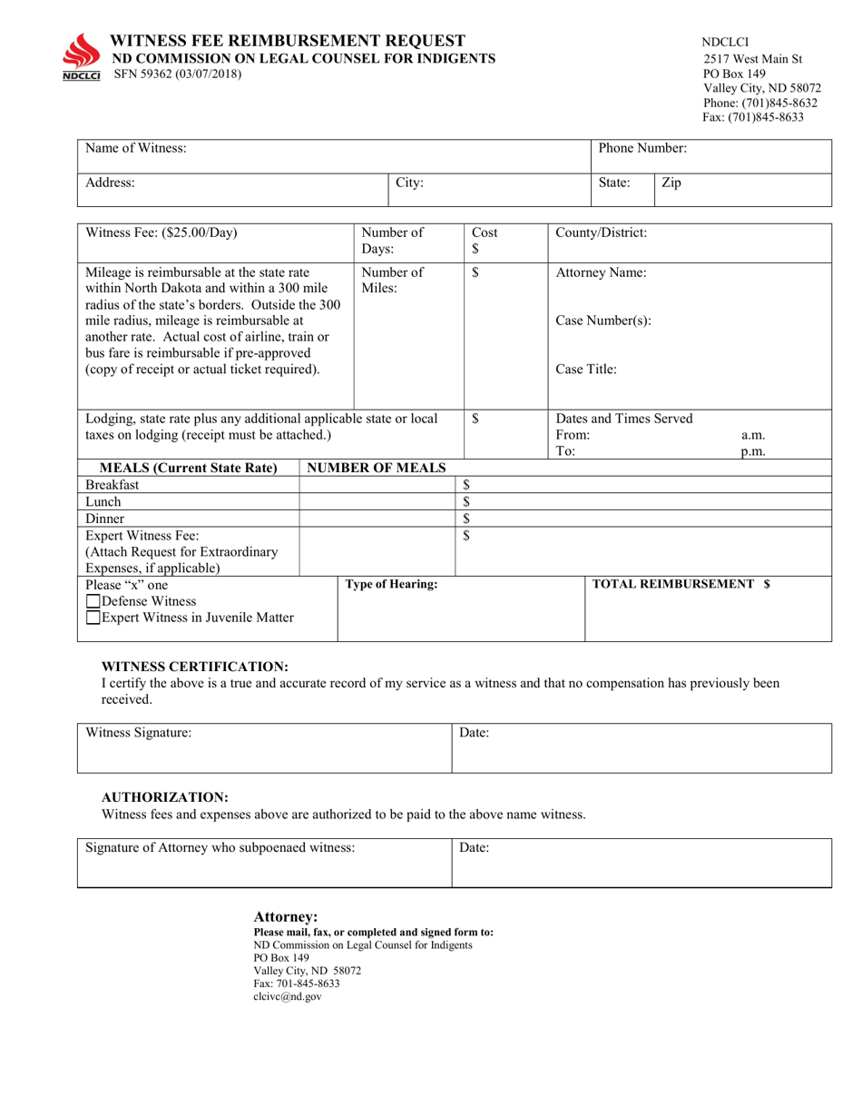 Form SFN59362 Witness Fee Reimbursement Request - North Dakota, Page 1