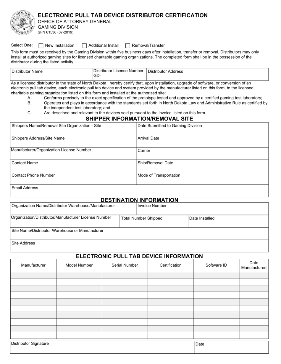 Form SFN61536 Electronic Pull Tab Device Distributor Certification - North Dakota, Page 1
