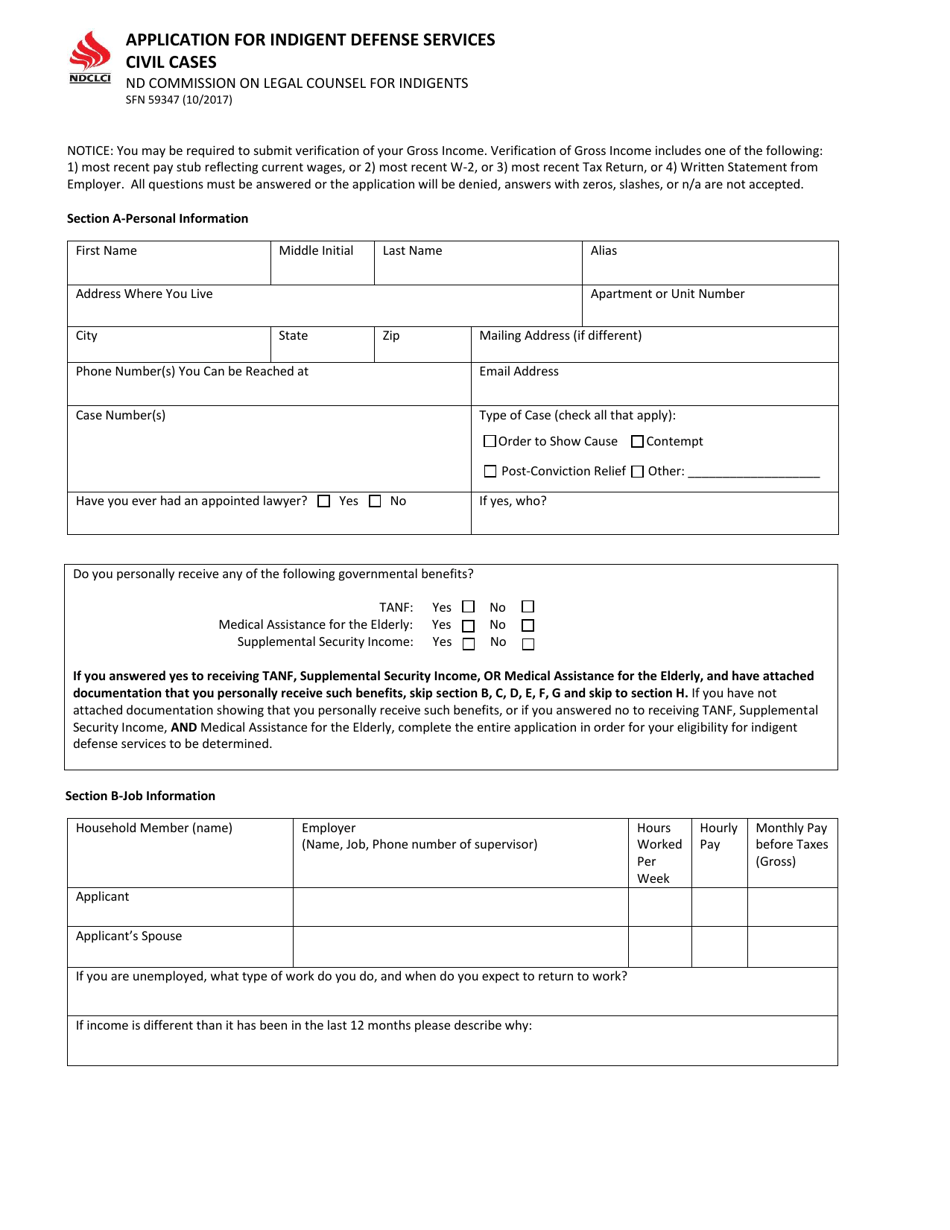 Form SFN59347 Application for Indigent Defense Services Civil Cases - North Dakota, Page 1