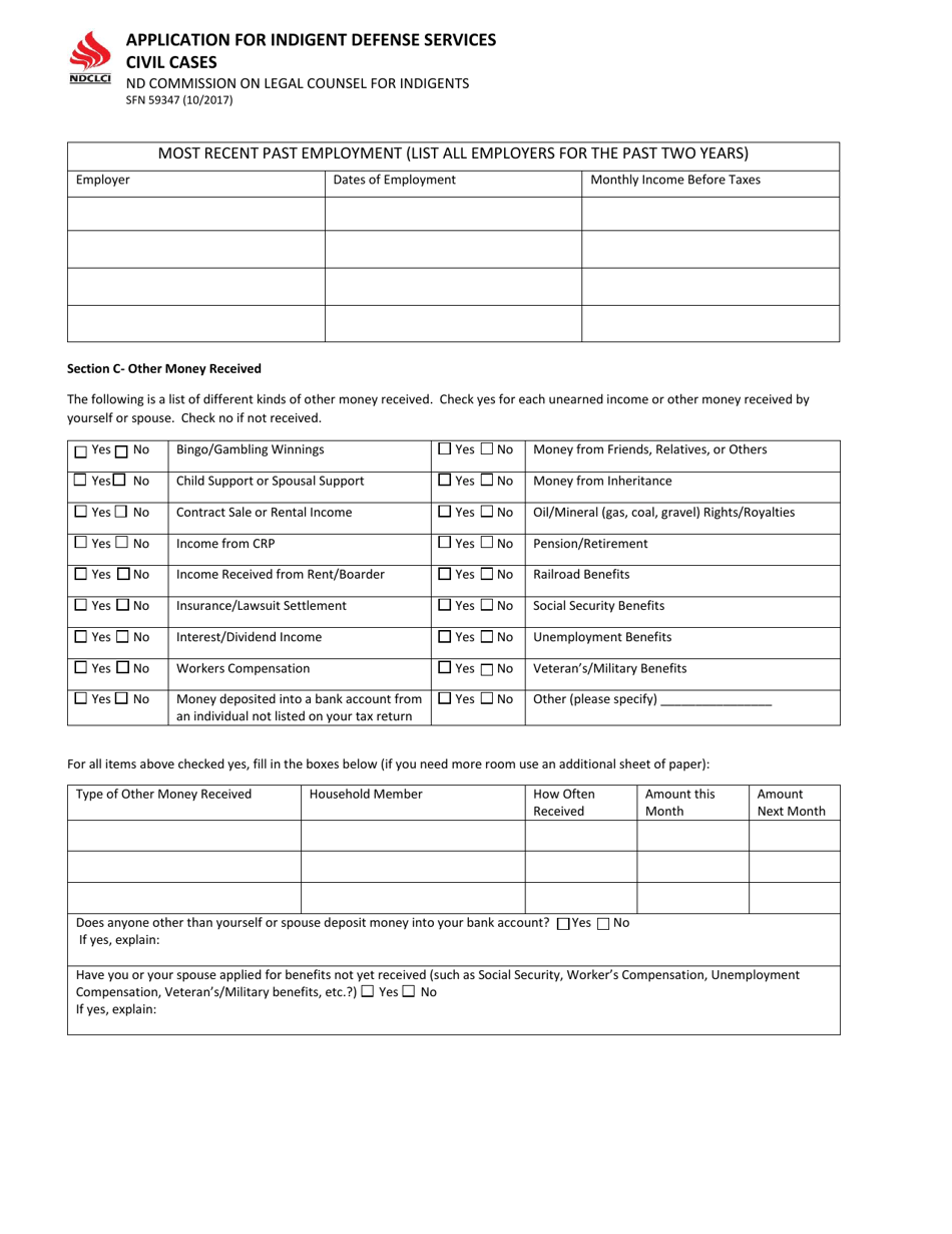 Form SFN59347 Application for Indigent Defense Services Civil Cases - North Dakota, Page 2