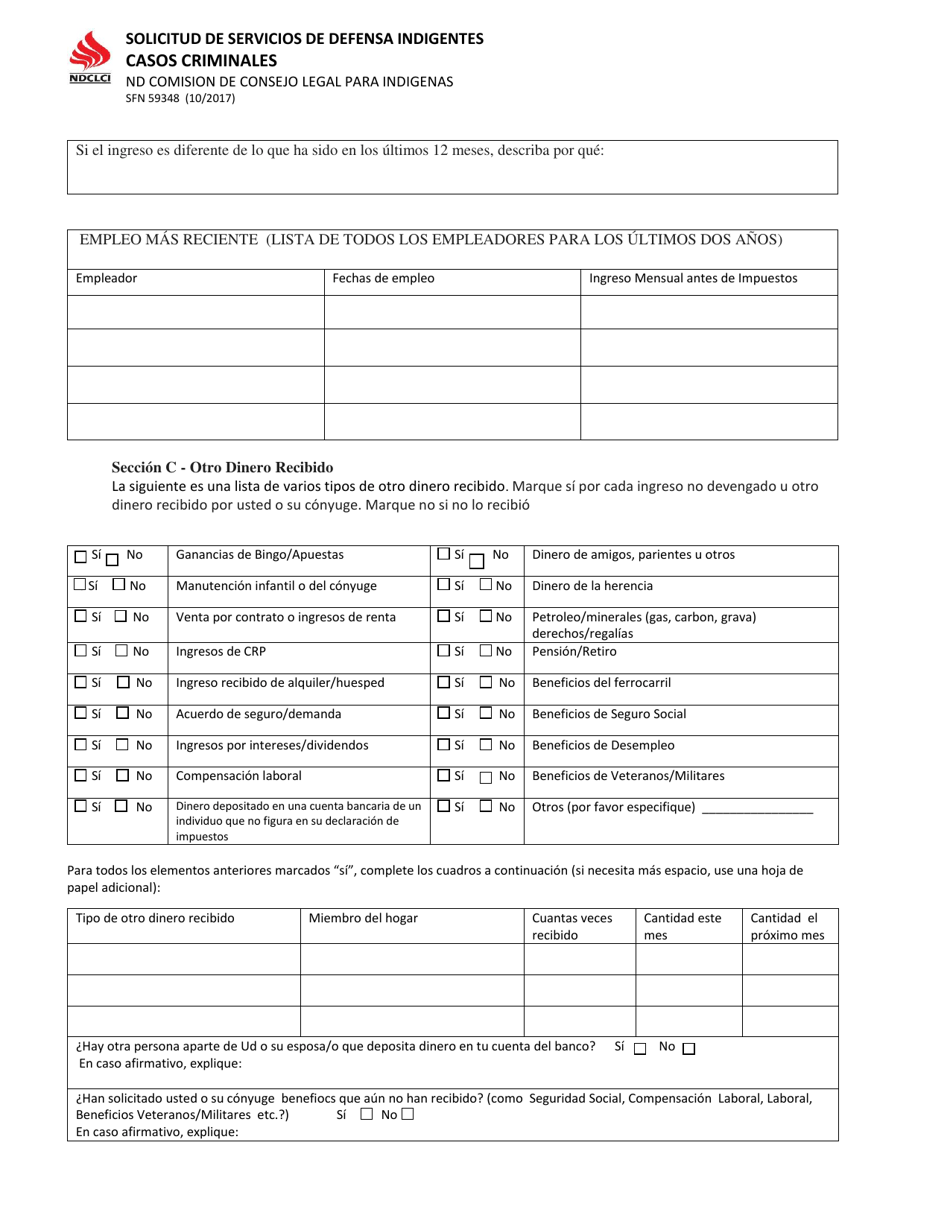 Formulario SFN59348 Solicitud De Servicios De Defensa Indigentes - Casos Criminales - North Dakota (Spanish), Page 2