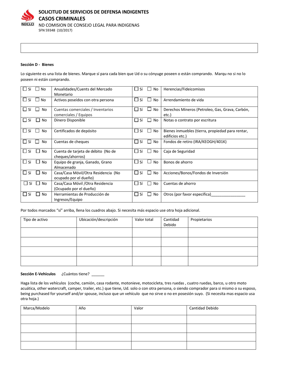 Formulario SFN59348 Solicitud De Servicios De Defensa Indigentes - Casos Criminales - North Dakota (Spanish), Page 3