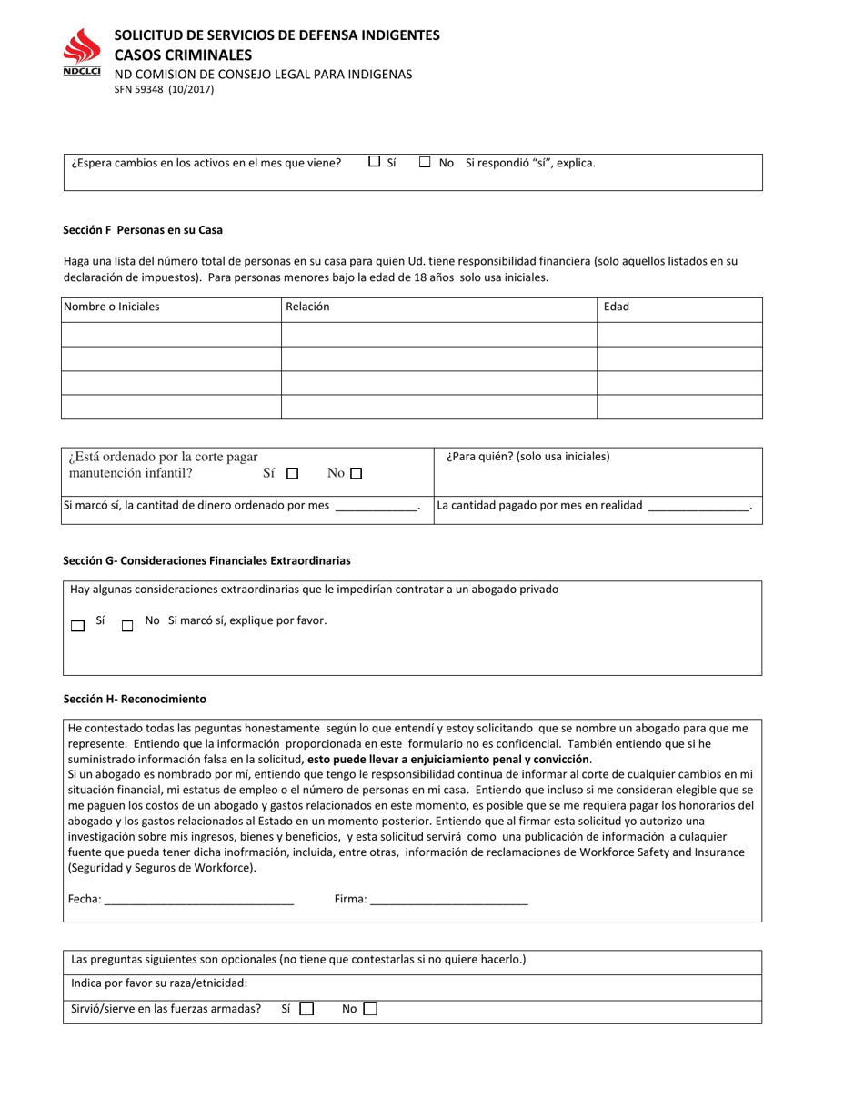 Formulario SFN59348 Solicitud De Servicios De Defensa Indigentes - Casos Criminales - North Dakota (Spanish), Page 4