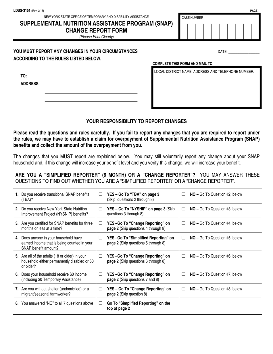 Form LDSS-3151 Supplemental Nutrition Assistance Program (Snap) Change Report Form - New York, Page 1