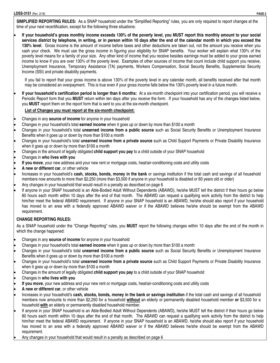 Form LDSS-3151 Supplemental Nutrition Assistance Program (Snap) Change Report Form - New York, Page 2