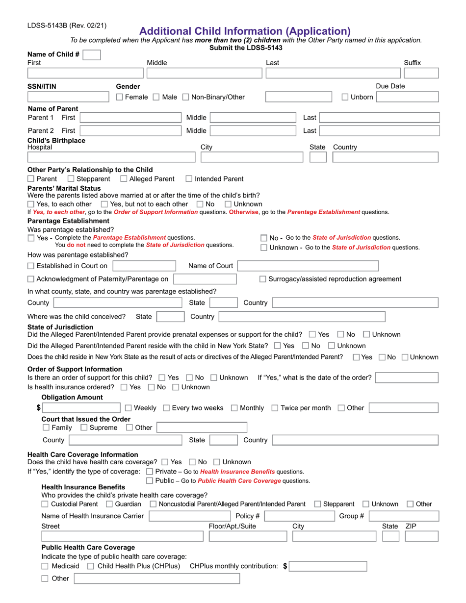 Form LDSS-5143B Additional Child Information (Application) - New York, Page 1