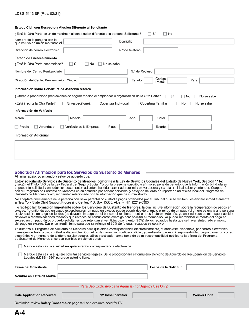 Formulario LDSS-5143 Solicitud De Servicios De Sustento De Menores - New York (Spanish), Page 10