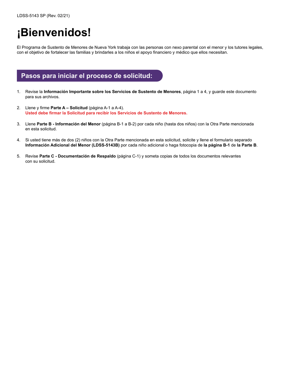 Formulario LDSS-5143 Solicitud De Servicios De Sustento De Menores - New York (Spanish), Page 2