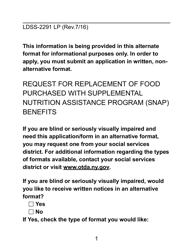 Document preview: Form LDSS-2291 LP Request for Replacement of Food Purchased With Supplemental Nutrition Assistance Program (Snap) Benefits - New York (English/Spanish)