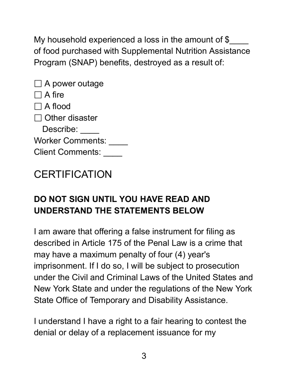 Form LDSS-2291 LP Request for Replacement of Food Purchased With Supplemental Nutrition Assistance Program (Snap) Benefits - New York (English / Spanish), Page 3