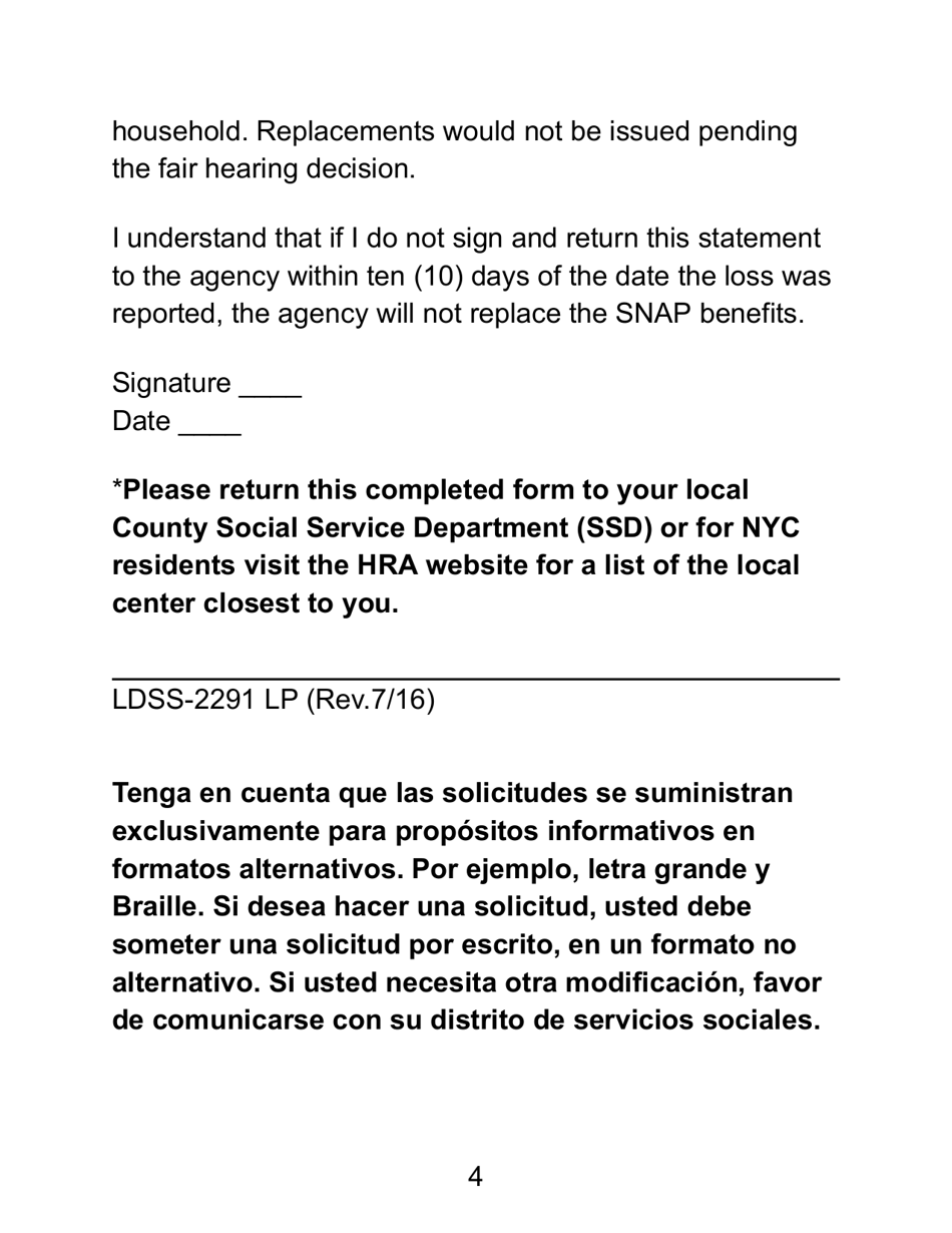 Form LDSS-2291 LP Request for Replacement of Food Purchased With Supplemental Nutrition Assistance Program (Snap) Benefits - New York (English / Spanish), Page 4