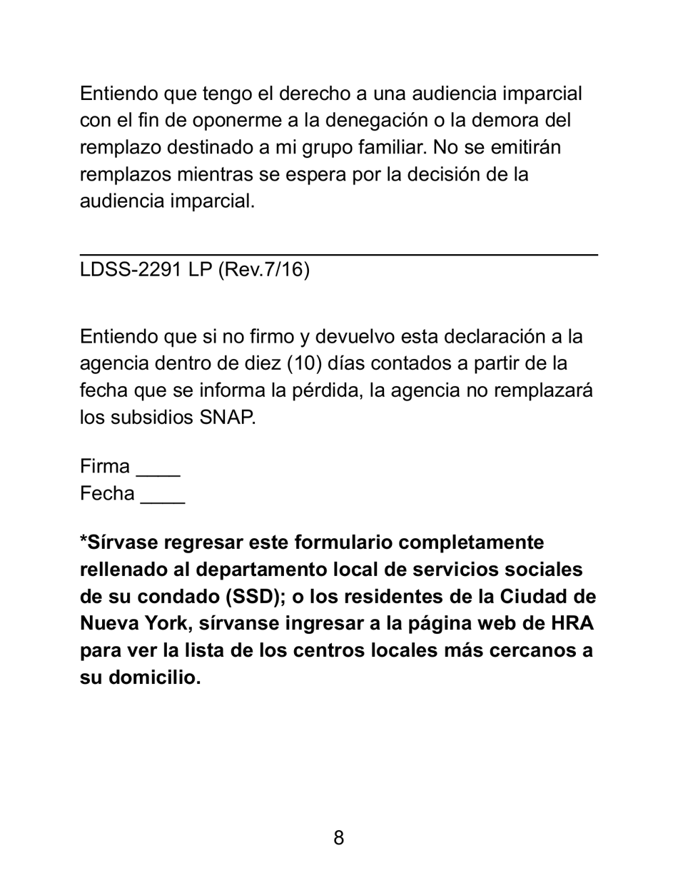 Form LDSS-2291 LP Request for Replacement of Food Purchased With Supplemental Nutrition Assistance Program (Snap) Benefits - New York (English / Spanish), Page 8