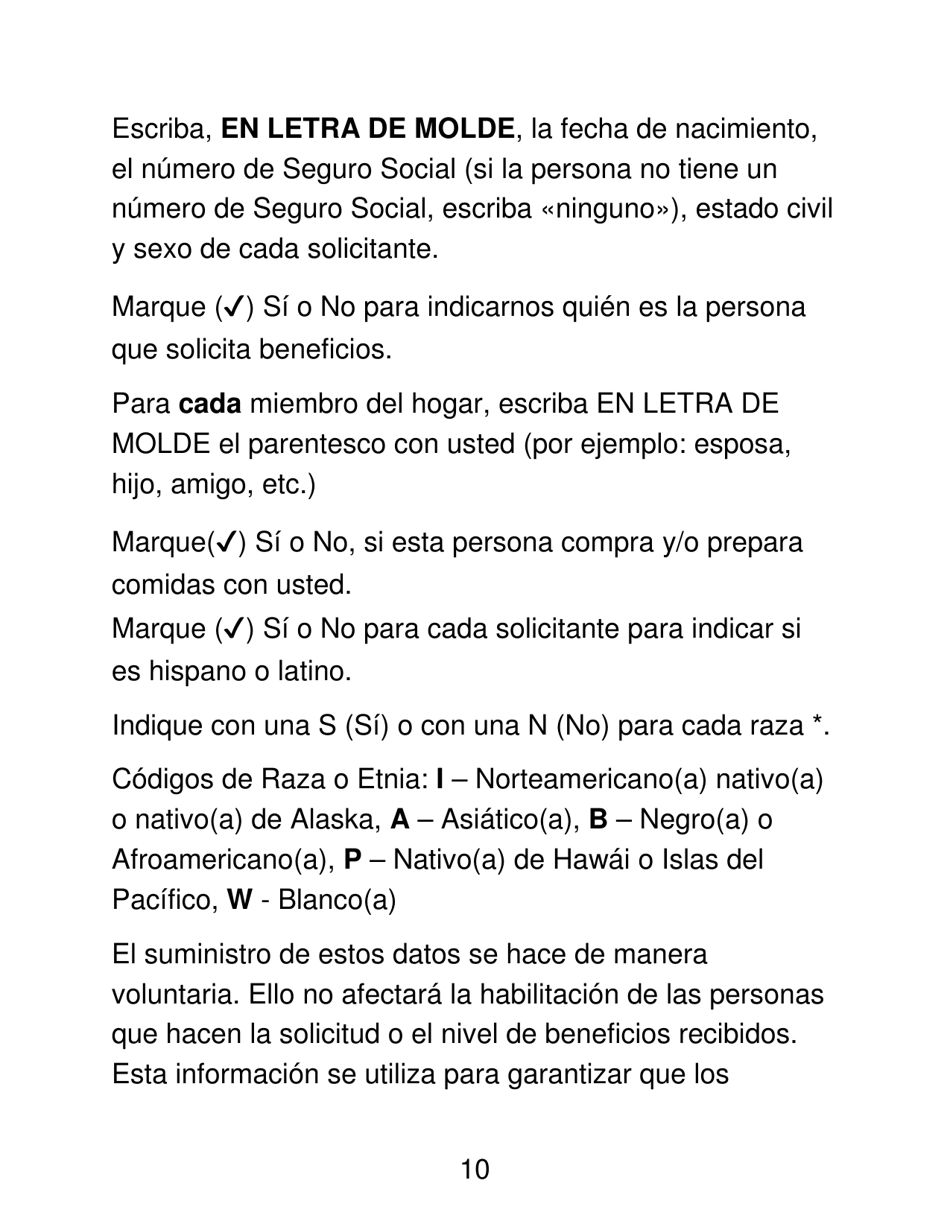 Instrucciones para Formulario LDSS-4826 LP Programa De Asistencia Nutricional Suplementaria (Snap) Solicitud / Revalidacion - New York (Spanish), Page 10