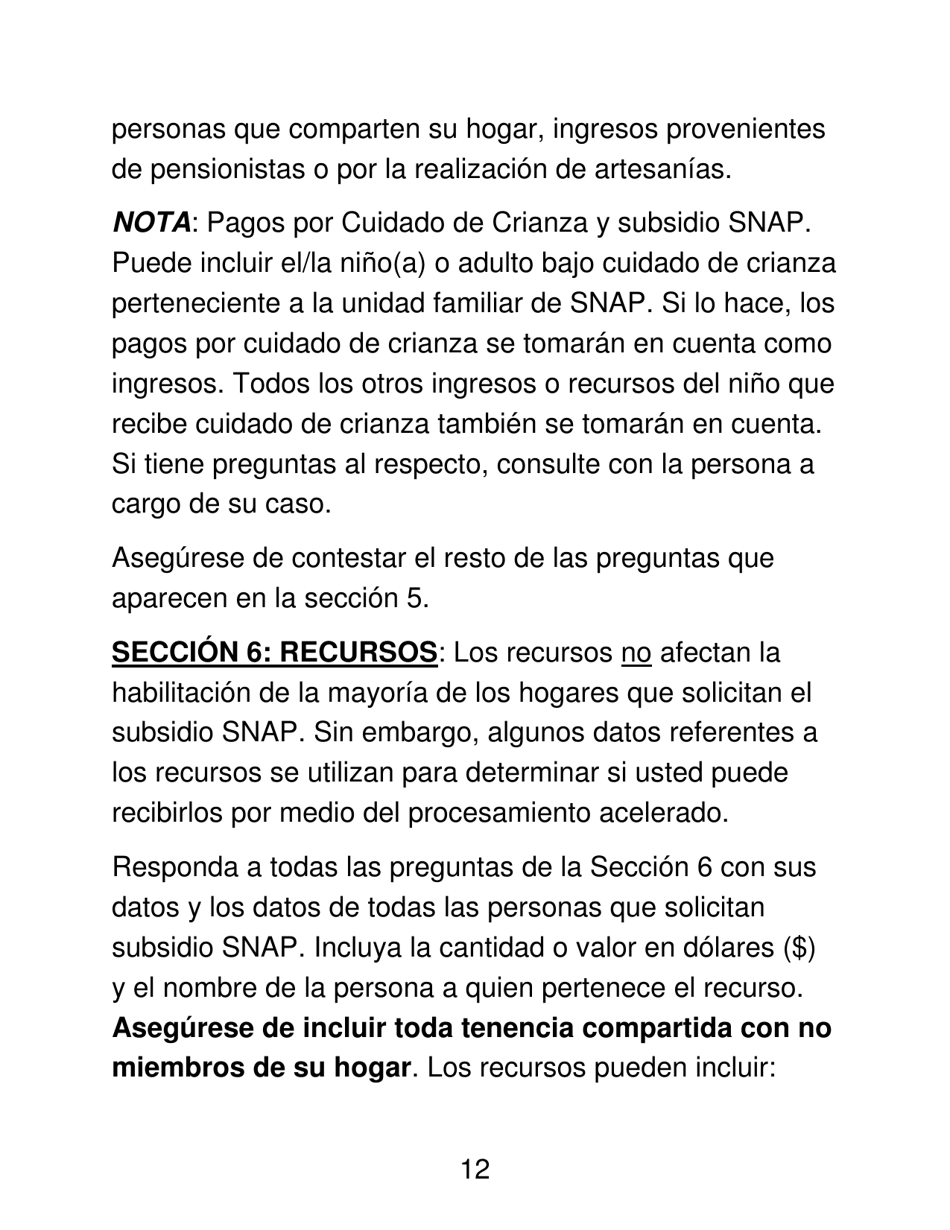 Instrucciones para Formulario LDSS-4826 LP Programa De Asistencia Nutricional Suplementaria (Snap) Solicitud / Revalidacion - New York (Spanish), Page 12