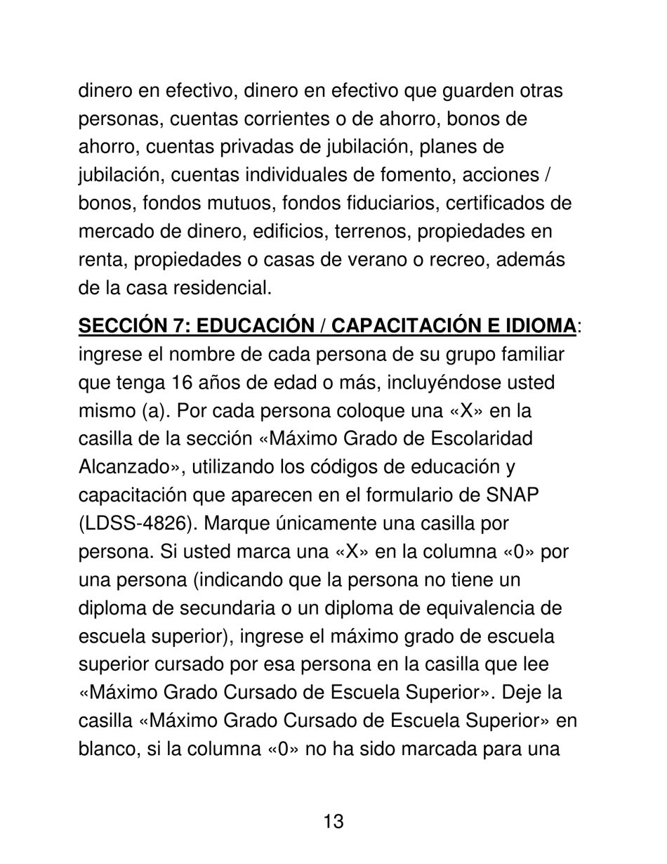 Instrucciones para Formulario LDSS-4826 LP Programa De Asistencia Nutricional Suplementaria (Snap) Solicitud / Revalidacion - New York (Spanish), Page 13
