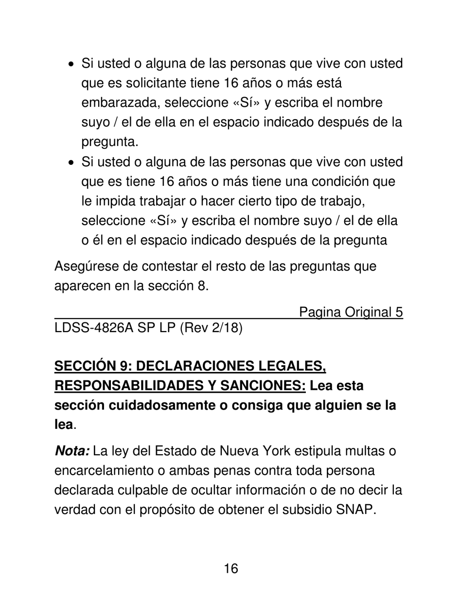 Instrucciones para Formulario LDSS-4826 LP Programa De Asistencia Nutricional Suplementaria (Snap) Solicitud / Revalidacion - New York (Spanish), Page 16
