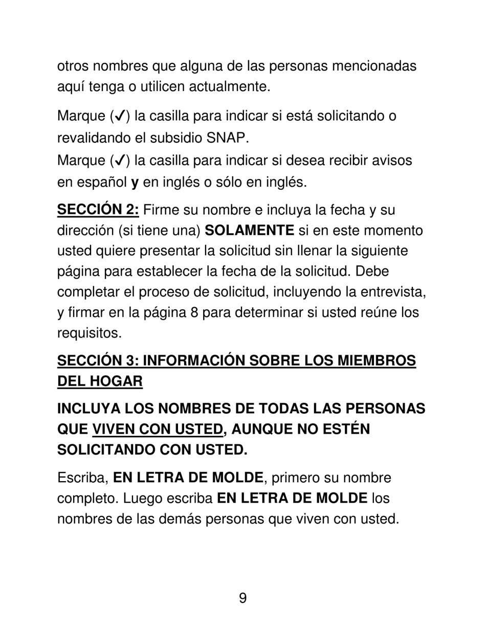 Instrucciones para Formulario LDSS-4826 LP Programa De Asistencia Nutricional Suplementaria (Snap) Solicitud / Revalidacion - New York (Spanish), Page 9