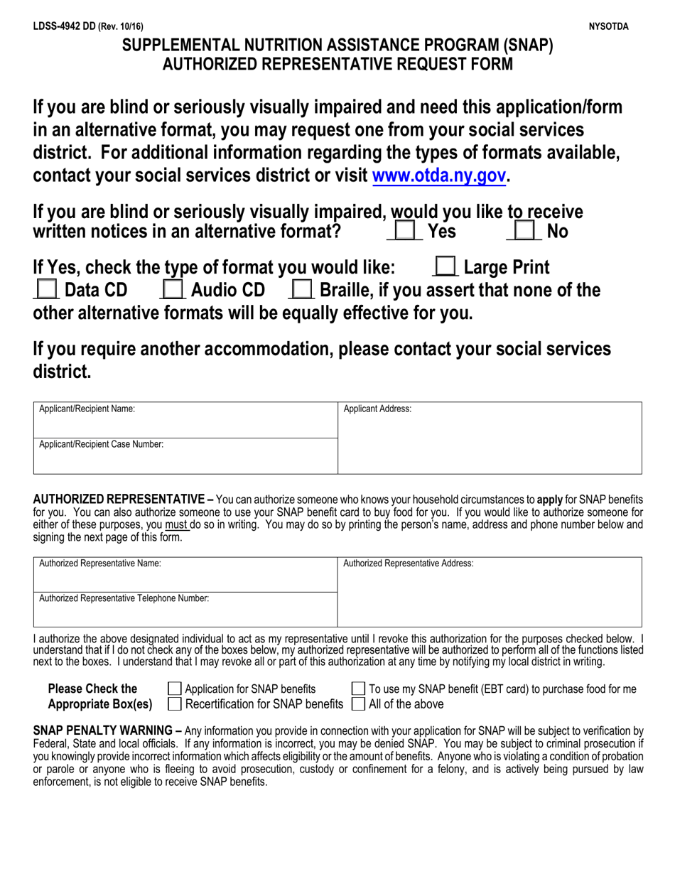 Form LDSS-4942 DD Supplemental Nutrition Assistance Program (Snap) Authorized Representative Request Form - New York, Page 1