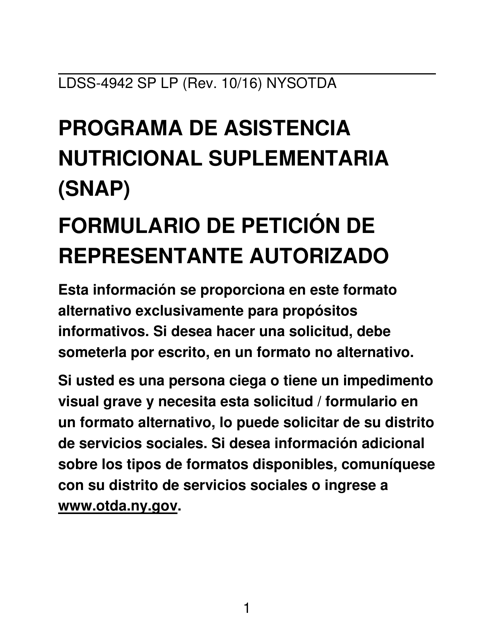 Formulario LDSS-4942 LP Formulario De Peticion De Representante Autorizado - Programa De Asistencia Nutricional Suplementaria (Snap) - New York (Spanish)