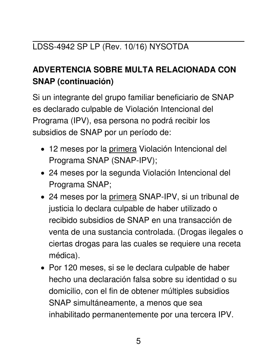 Formulario LDSS-4942 LP Formulario De Peticion De Representante Autorizado - Programa De Asistencia Nutricional Suplementaria (Snap) - New York (Spanish), Page 5