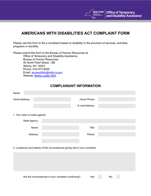 Americans With Disabilities Act Complaint Form - New York Download Pdf
