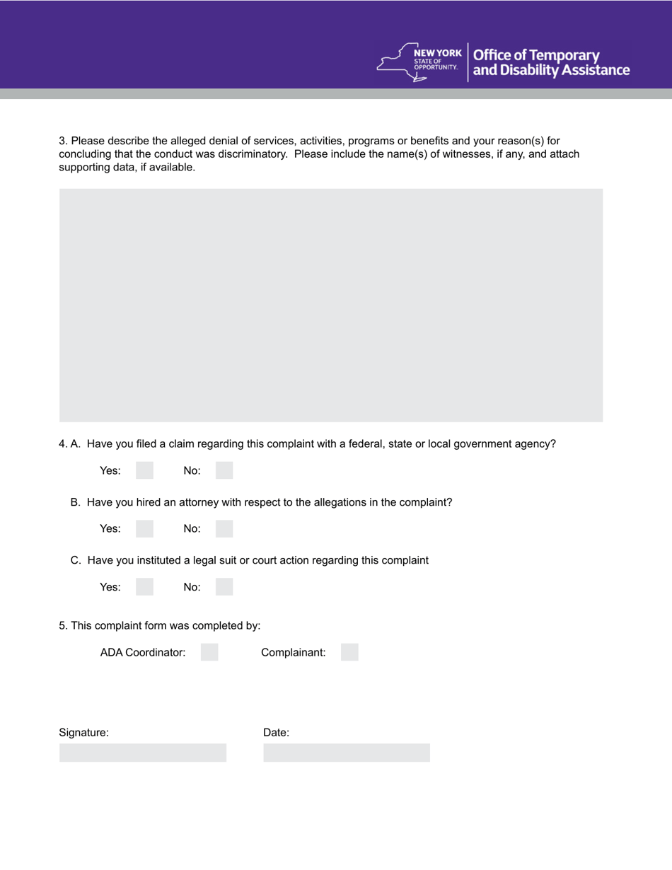Americans With Disabilities Act Complaint Form - New York, Page 2