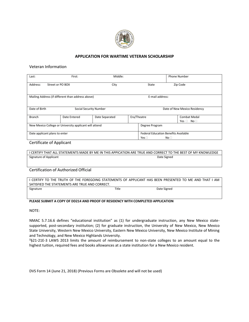 DVS Form 14 Application for Wartime Veteran Scholarship - New Mexico, Page 1