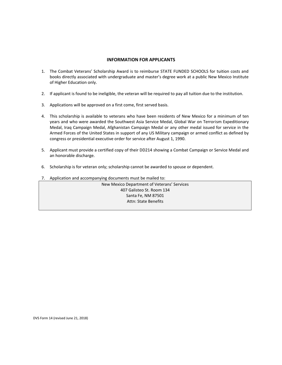 DVS Form 14 Application for Wartime Veteran Scholarship - New Mexico, Page 2
