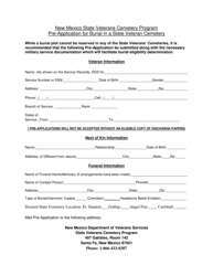 Document preview: Pre-application for Burial in a State Veteran Cemetery - New Mexico