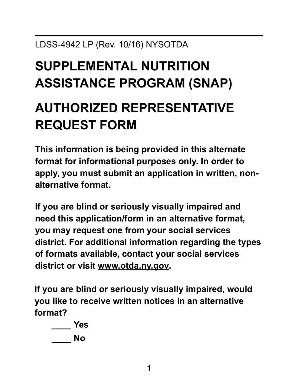 Form LDSS-4942 LP Supplemental Nutrition Assistance Program (Snap) Authorized Representative Request Form - New York, Page 1