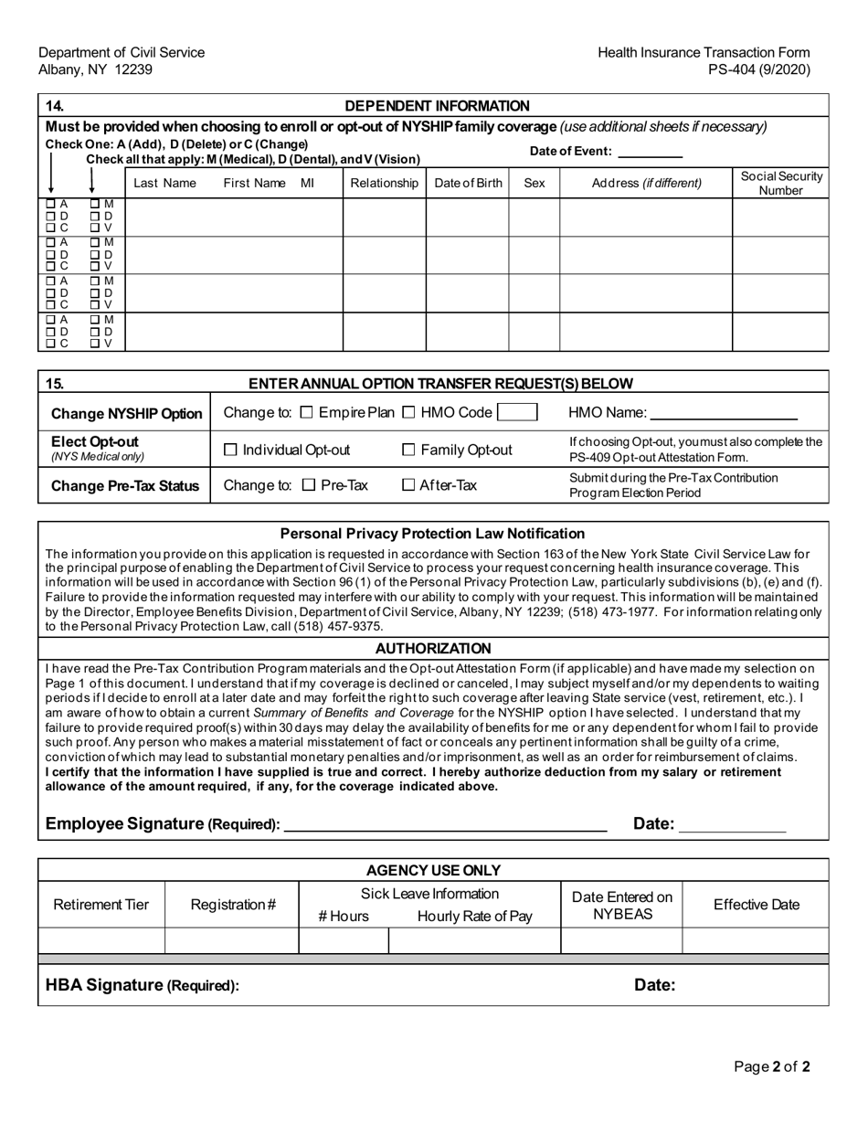Form PS-404 Health Insurance Transaction Form for NYS  Pe Employees - New York, Page 2