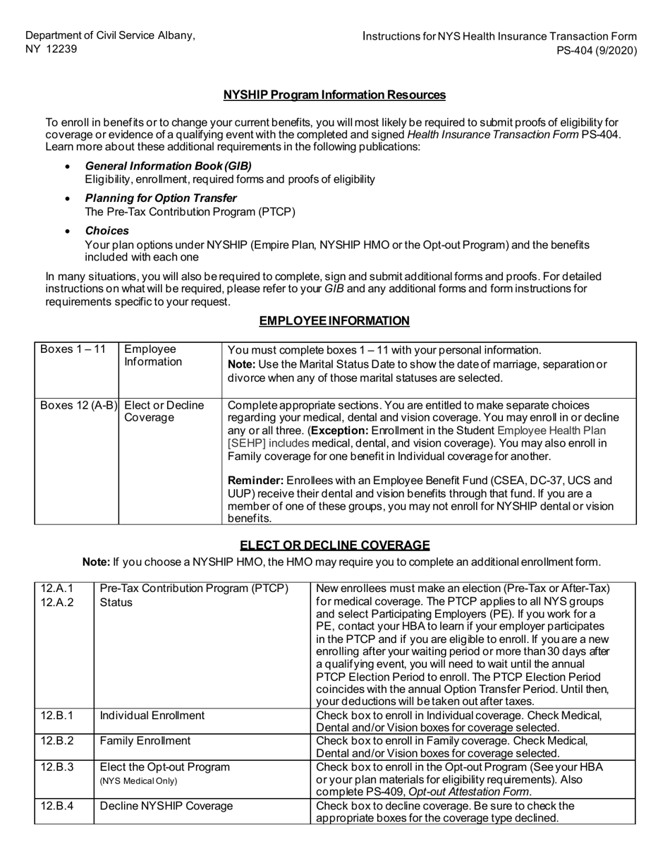 Form PS-404 Health Insurance Transaction Form for NYS  Pe Employees - New York, Page 3