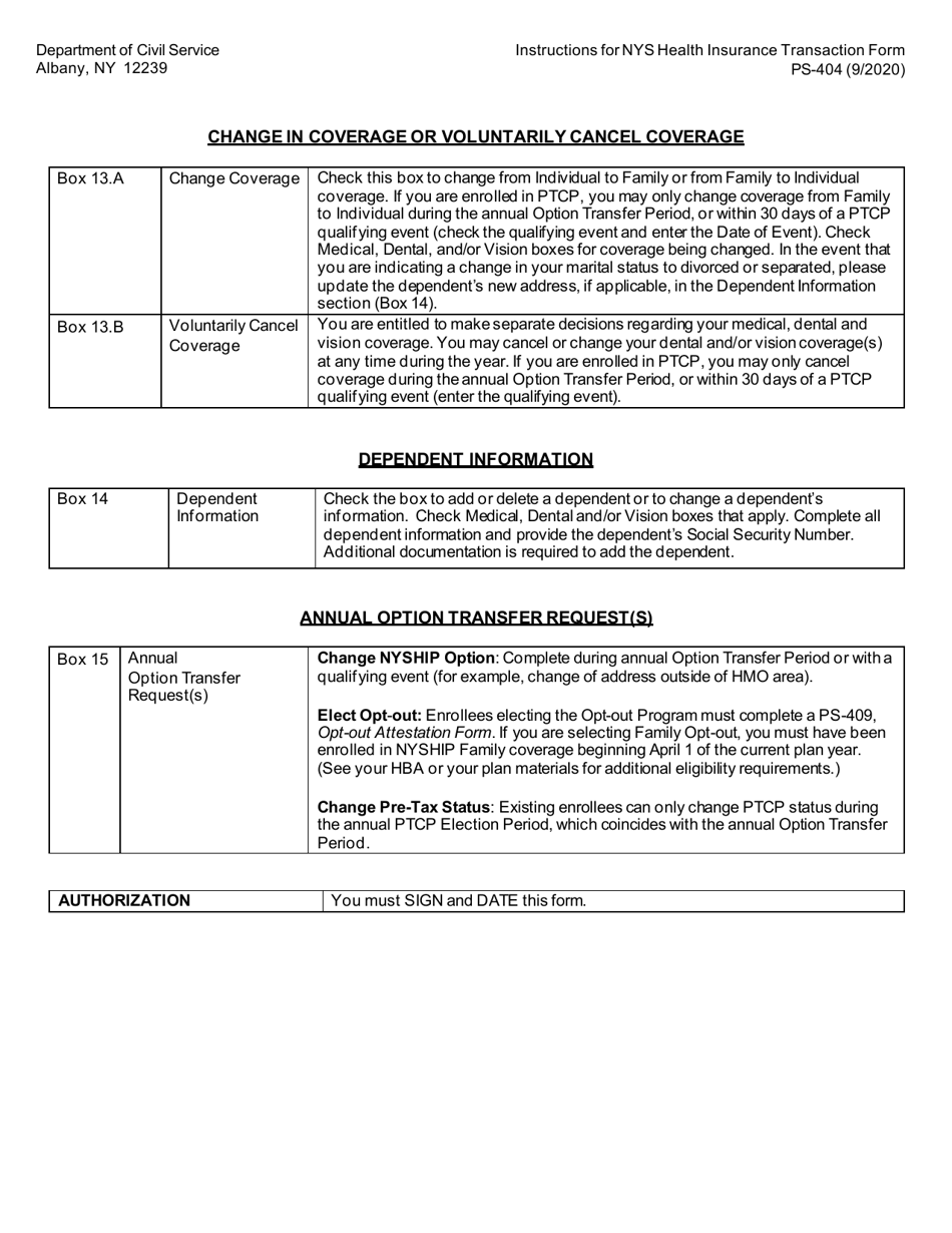 Form PS-404 Health Insurance Transaction Form for NYS  Pe Employees - New York, Page 4