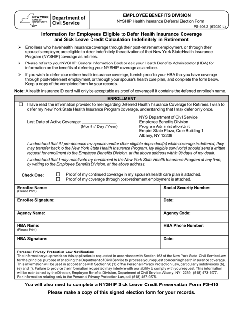 Form PS-406.2 Nyship Health Insurance Deferral Election Form - New York