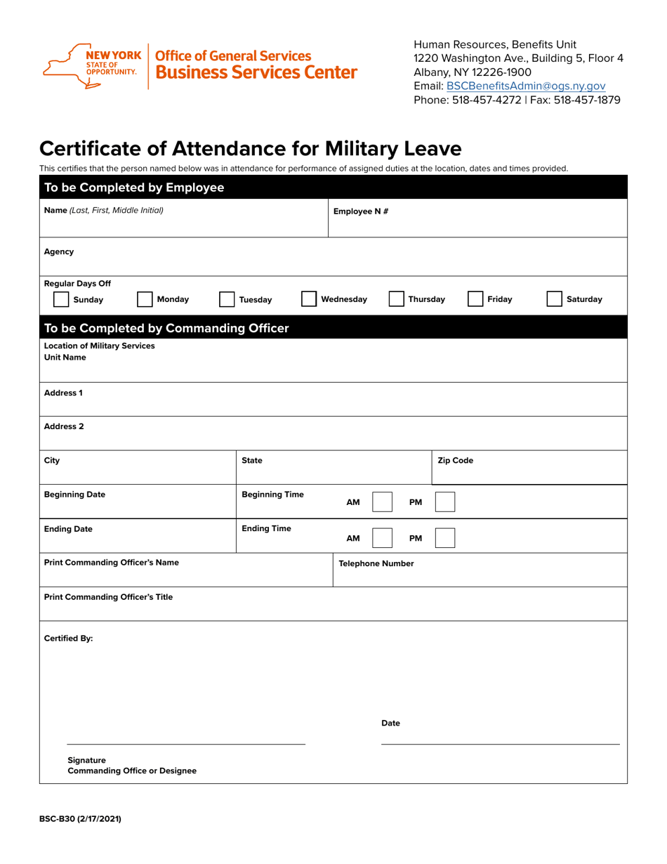 Form BSC-B30 Certificate of Attendance for Military Leave - New York, Page 1