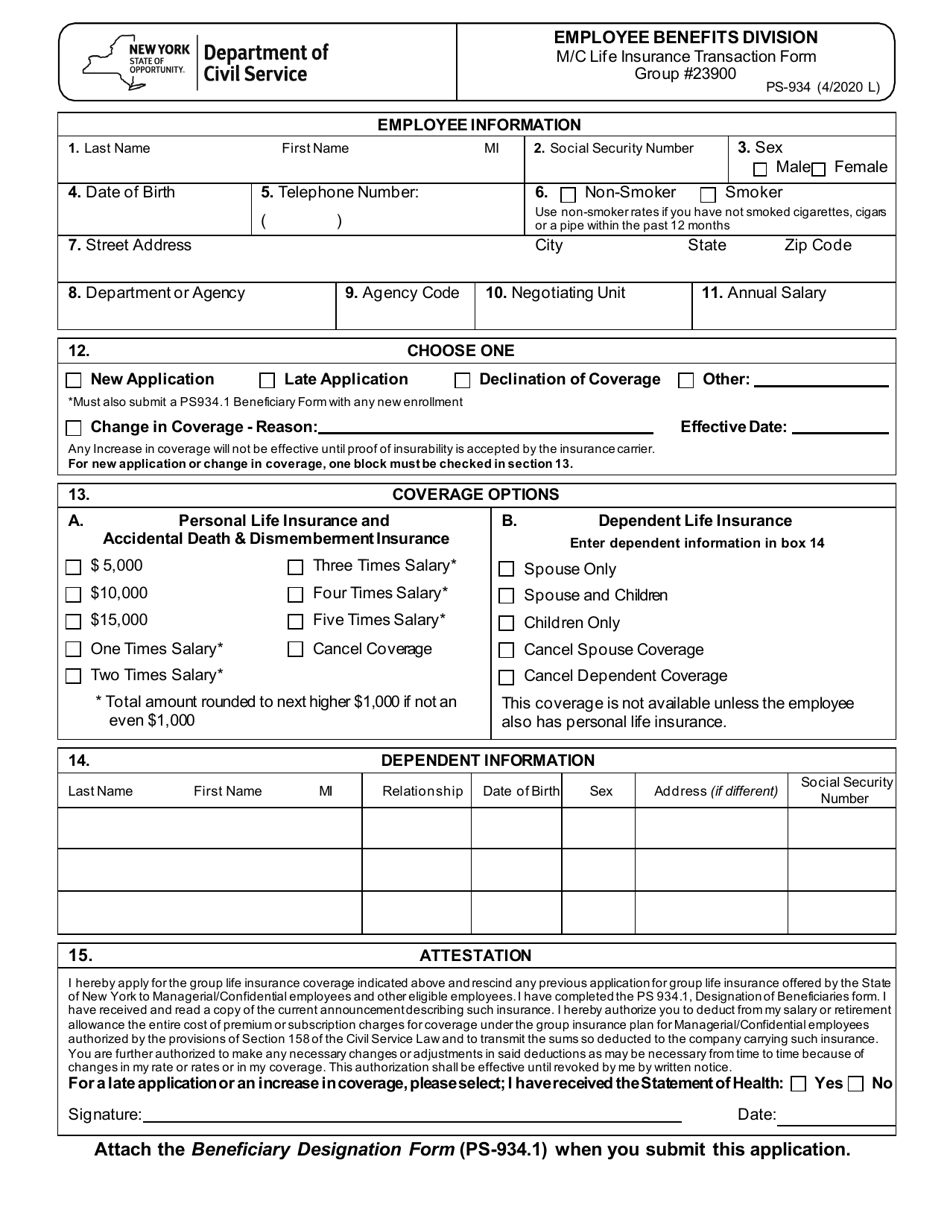 Form PS-934 M / C Life Insurance Transaction Form - New York, Page 1