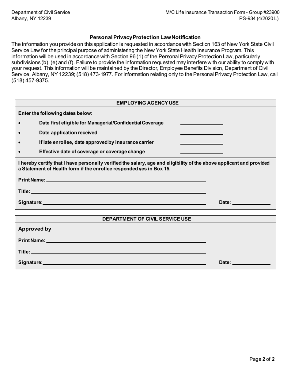 Form PS-934 - Fill Out, Sign Online and Download Fillable PDF, New York ...