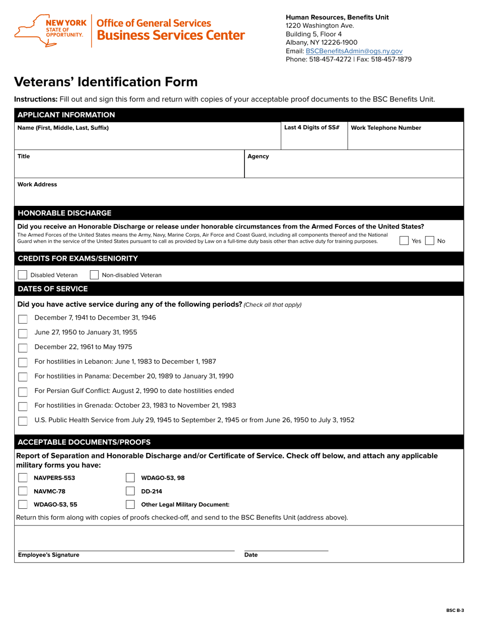 Form BSC B-3 Veterans Identification Form - New York, Page 1
