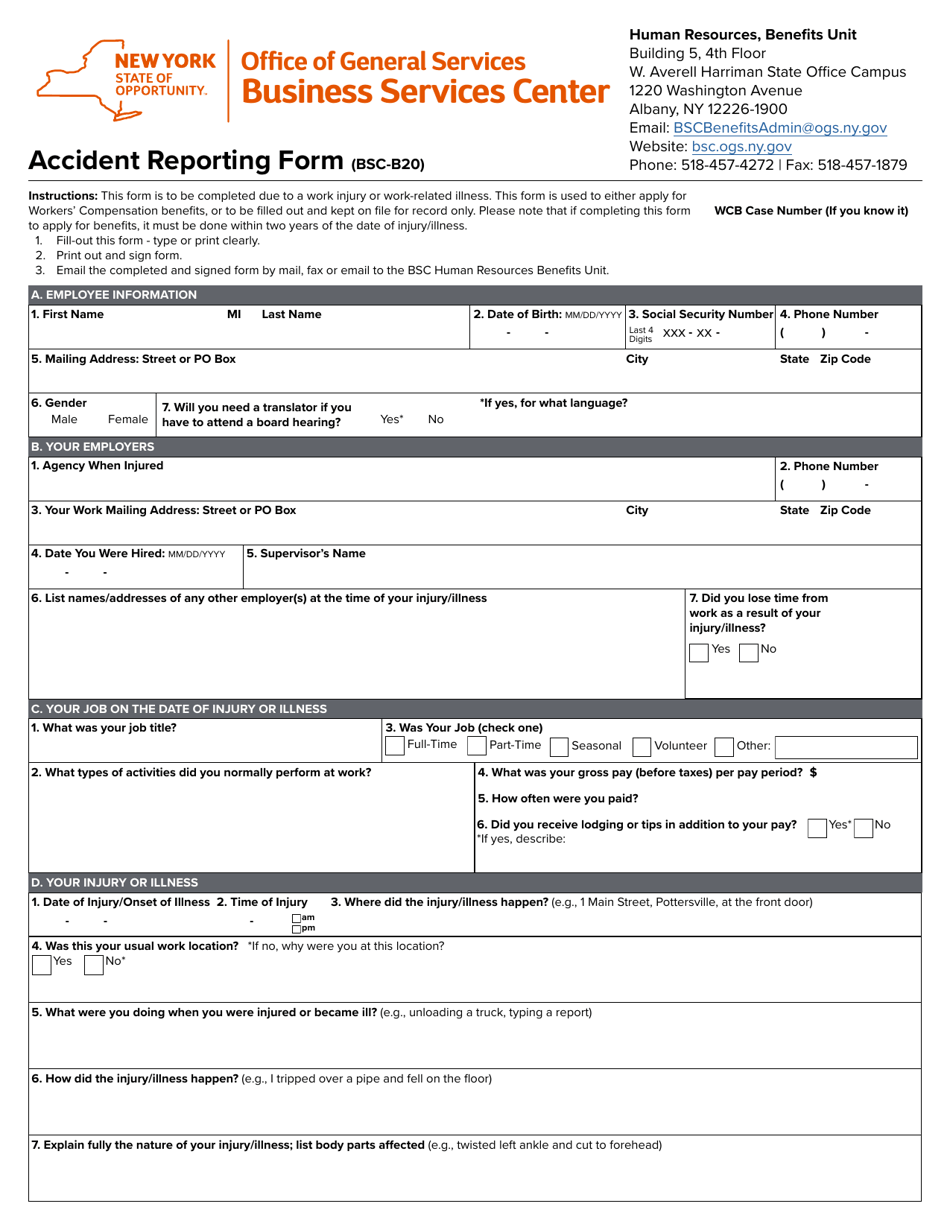 Form BSC-B20 Accident Reporting Form - New York, Page 1