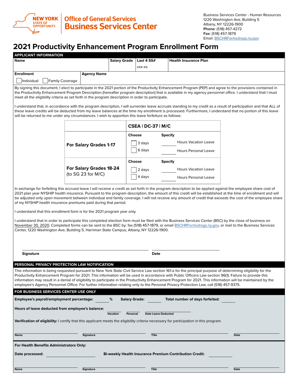 Productivity Enhancement Program Enrollment Form - New York, Page 1