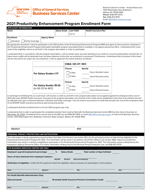 Productivity Enhancement Program Enrollment Form - New York Download Pdf
