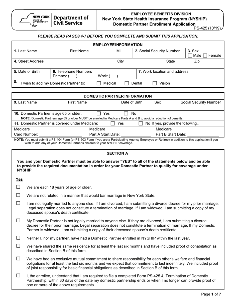 Form PS-425 Nyship Domestic Partner Enrollment Application - New York, Page 1
