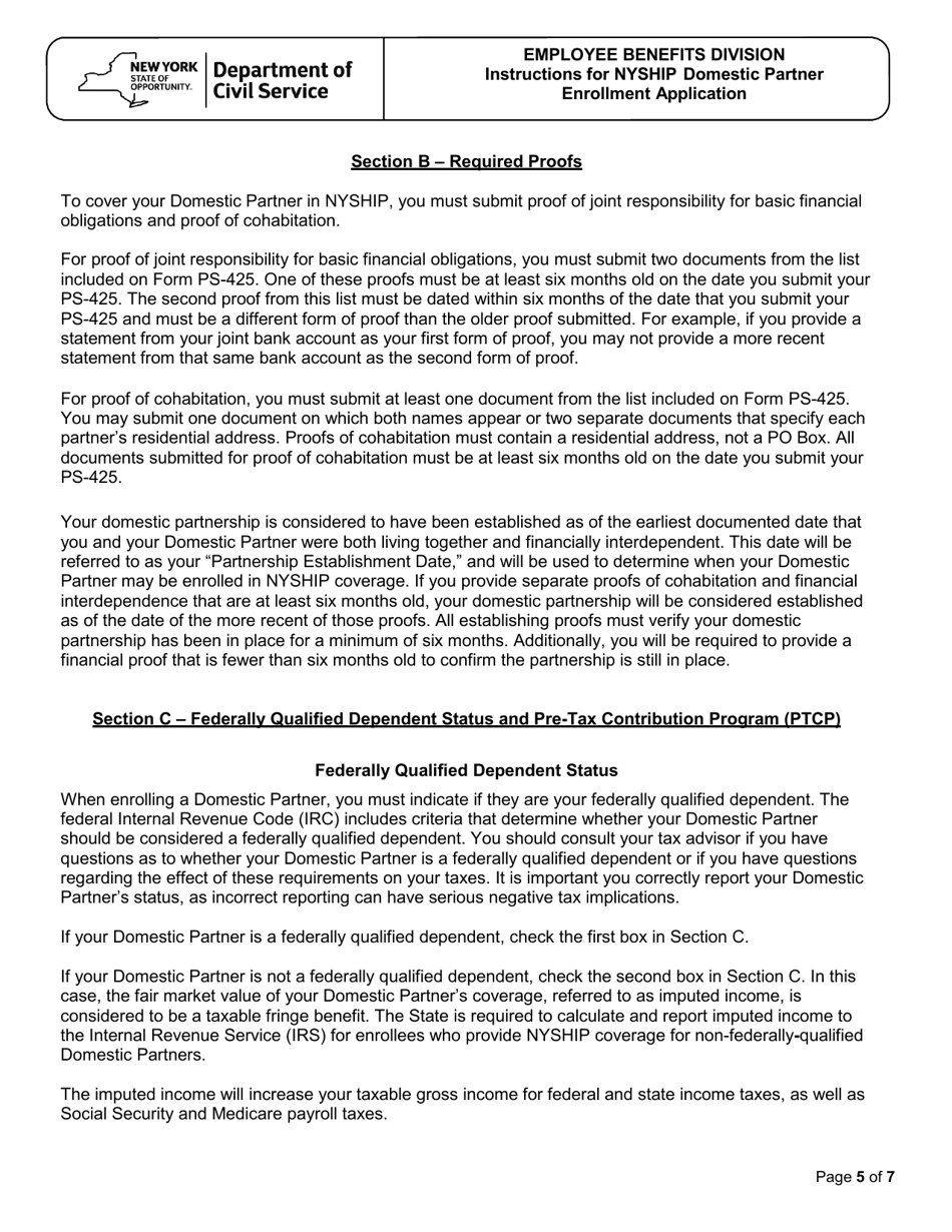 Form PS-425 Nyship Domestic Partner Enrollment Application - New York, Page 5